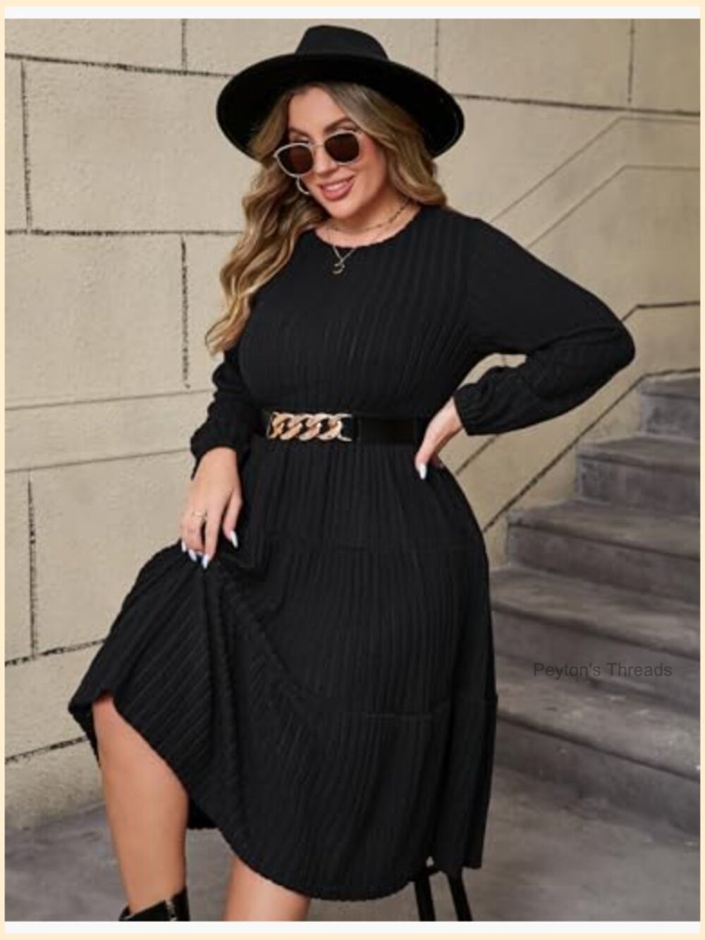 Women Plus Size Knit Sweater Dress Round Neck Long Sleeves Midi Dress with Belt - Picture 4 of 6